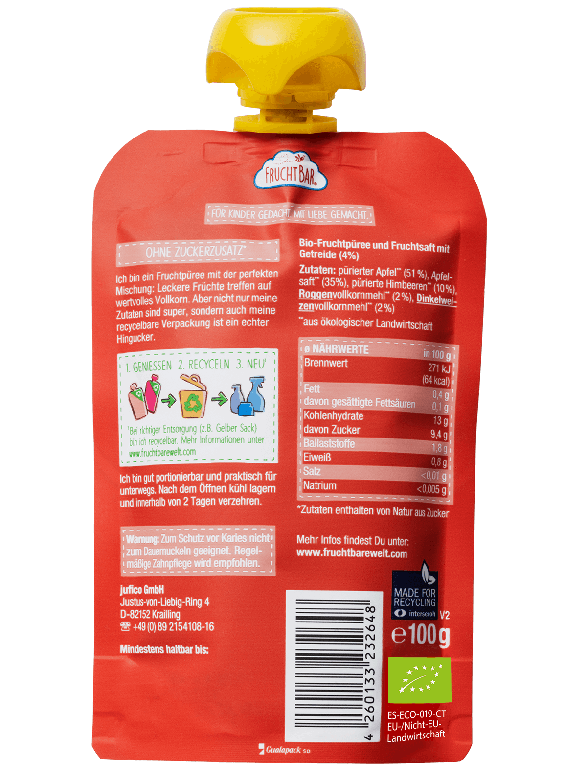 FruchtBar Bio Quetschies Gourde Framboise Pomme Céréales 6 mois