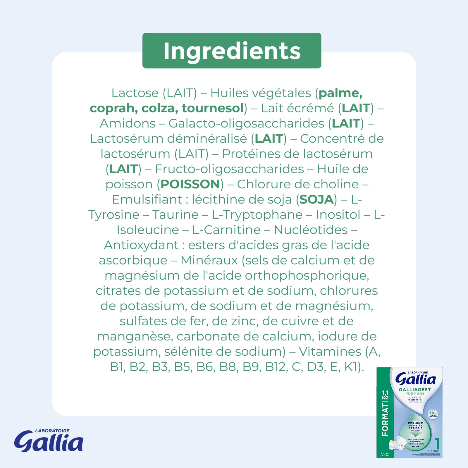 Gallia Galliagest Premium 1 lait poudre 0-6 mois 1,1kg lot 3