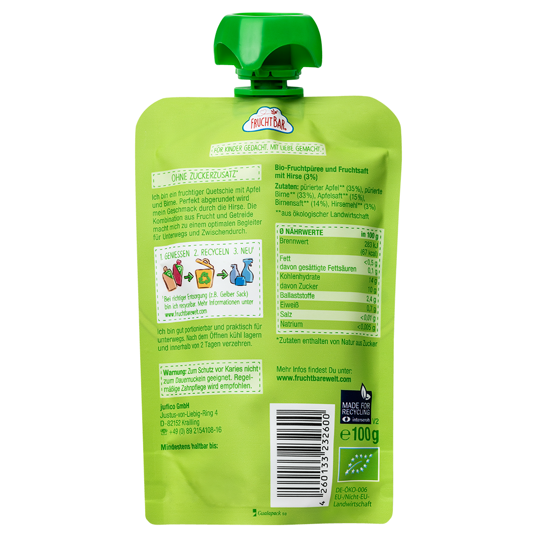 FruchtBar Bio Quetschies compote poire pomme millet 6 mois