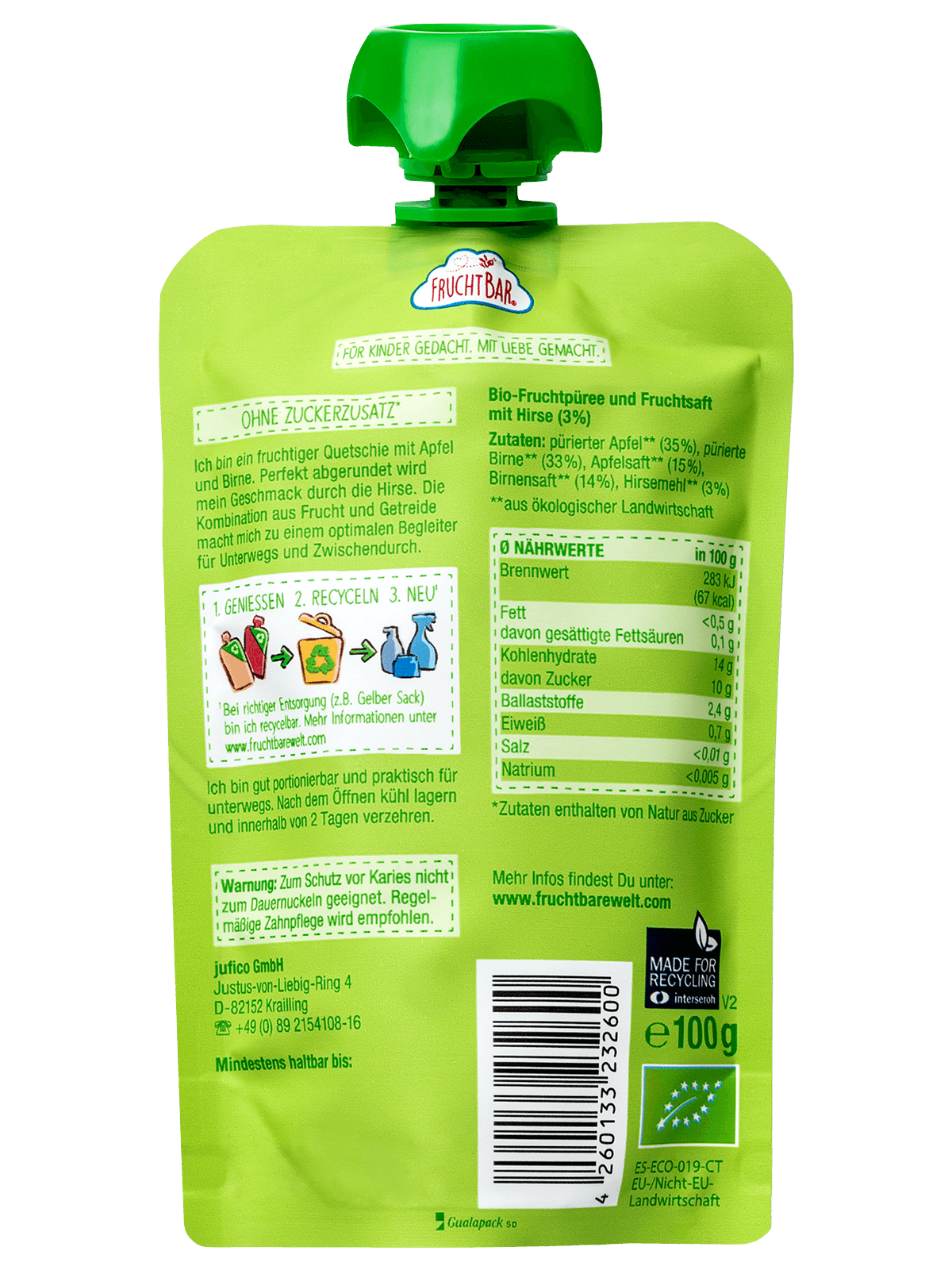 FruchtBar Bio Quetschies poire pomme millet + jouet bois