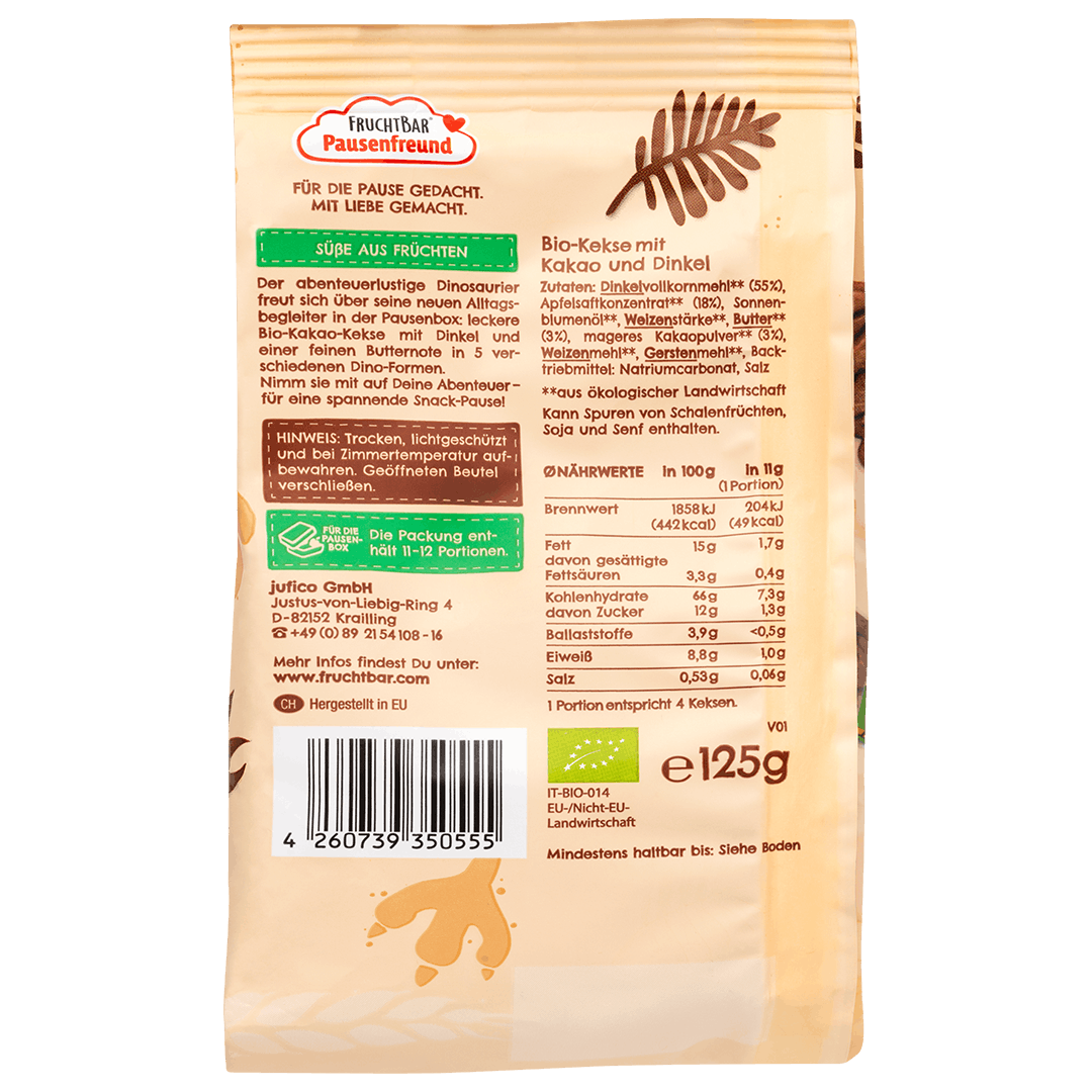 FruchtBar Bio Kekse Dino Biscuit Cacao Épeautre Pièce