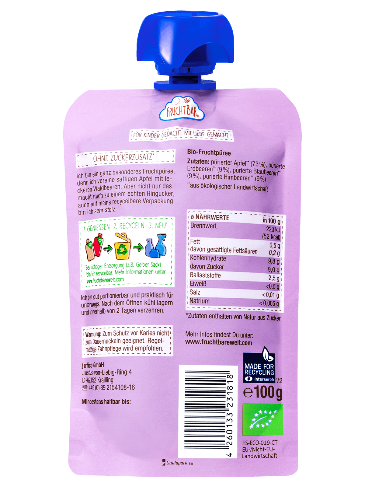FruchtBar Bio Quetschies Pomme Fruits des bois gourde bébé bio