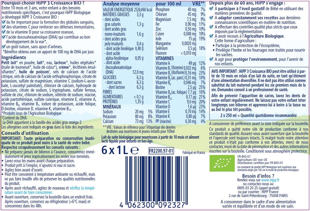 HiPP Biologique Lait Croissance liquide 6x1L dès 10 mois