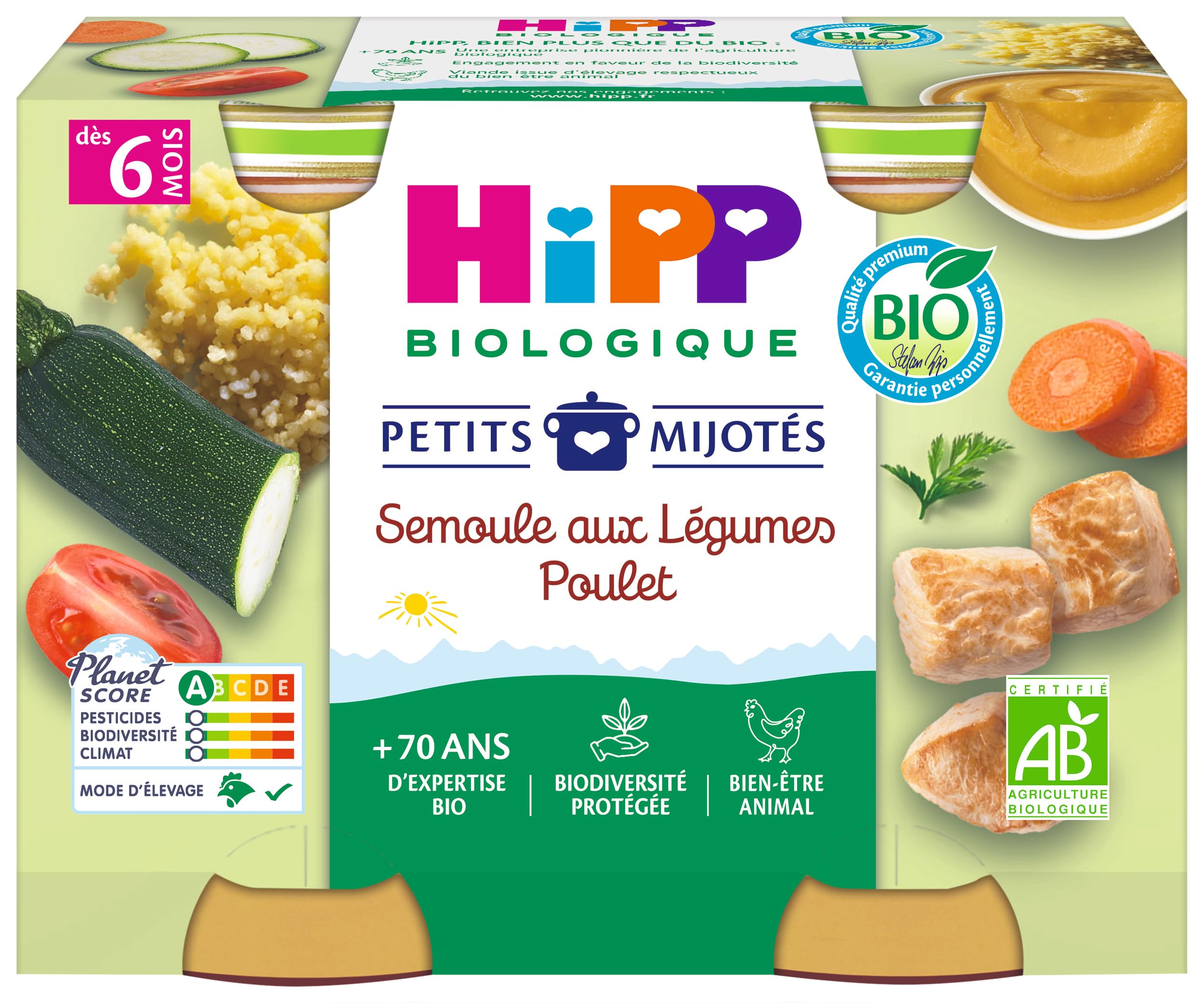 HiPP Menus du midi semoule légumes poulet pot 2x190g