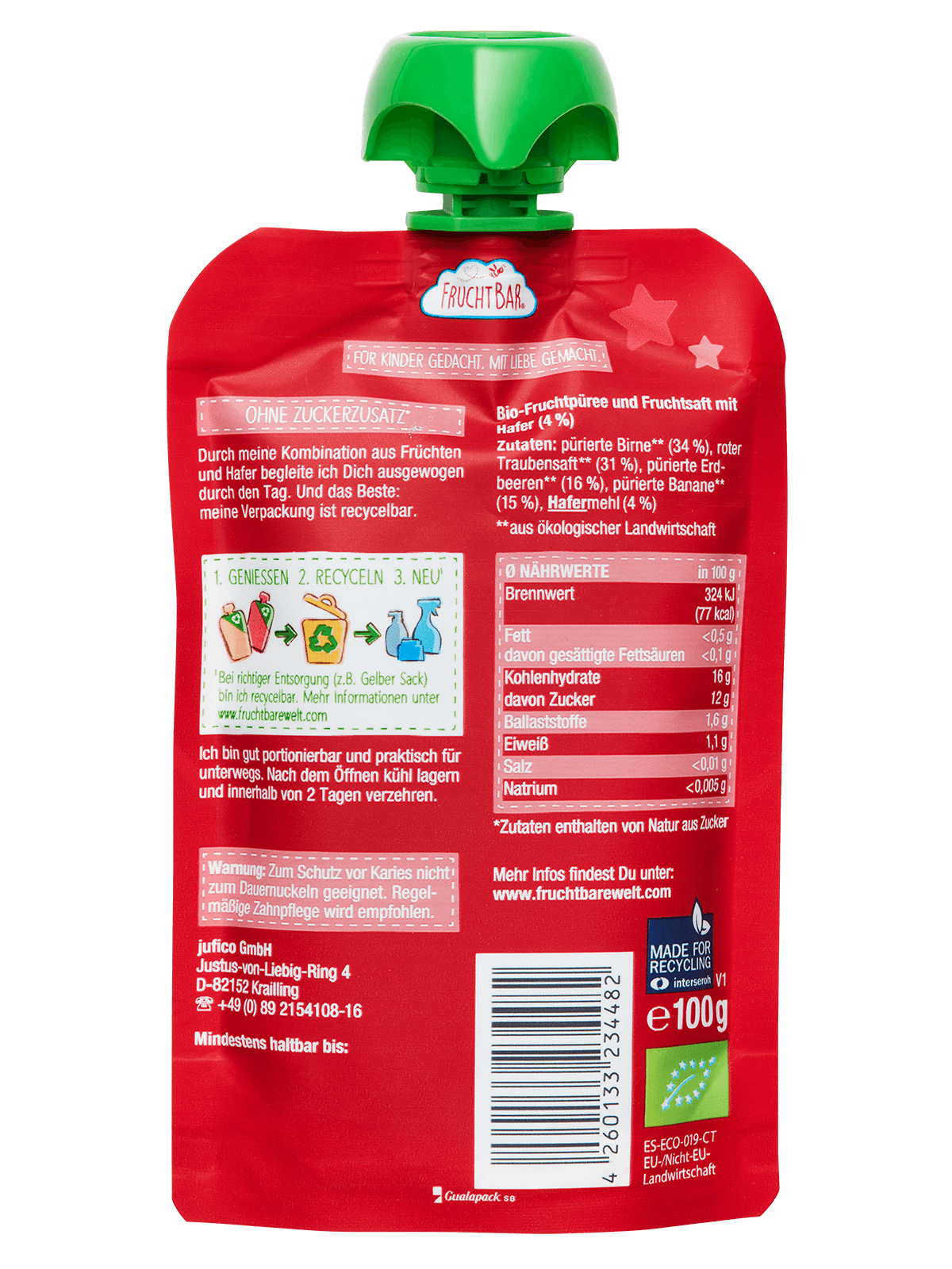 FruchtBar Bio Quetschies Petit Trésor Fraise gourde bébé avoine