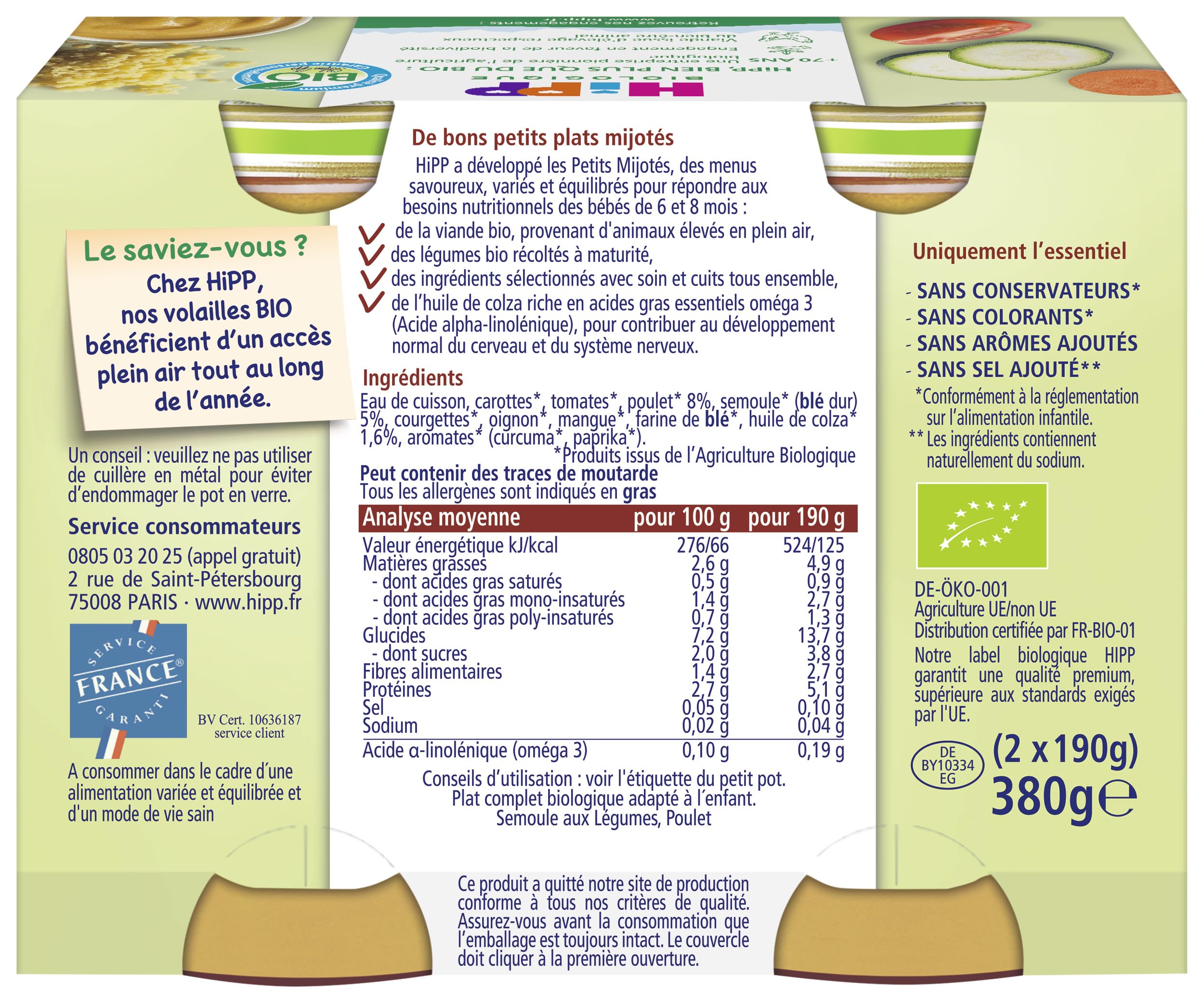 HiPP Menus du midi semoule légumes poulet pot 2x190g