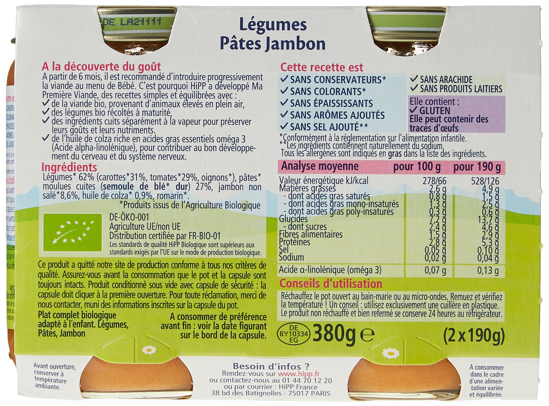 HiPP Menus du midi Ma Première Viande 190g lot de 12 dès 6 mois