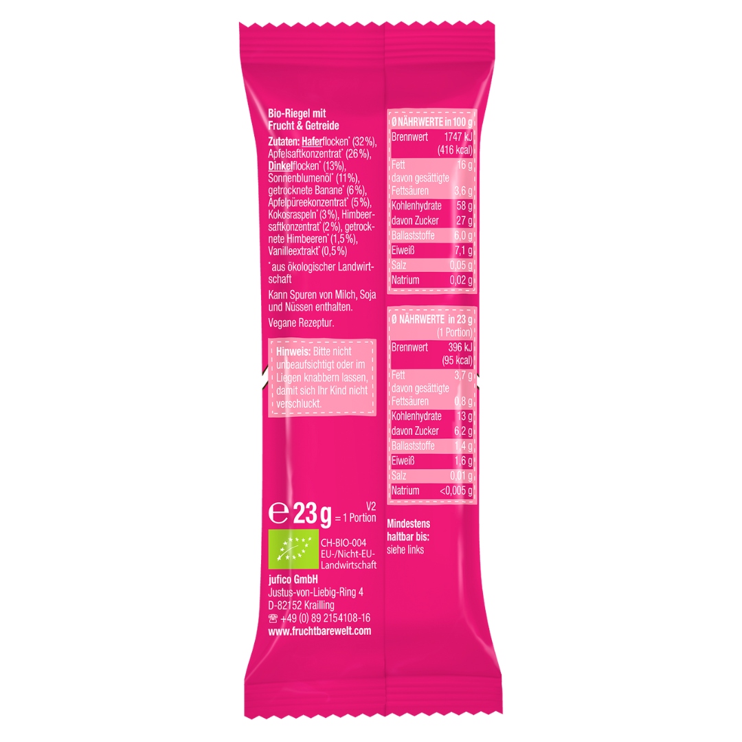 FruchtBar Bio Riegel Himbeere Banane barre avoine framboise