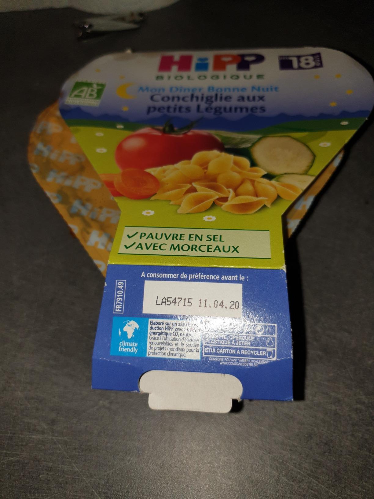 HiPP Menus du midi Conchiglie Légumes 18 mois 6x260g