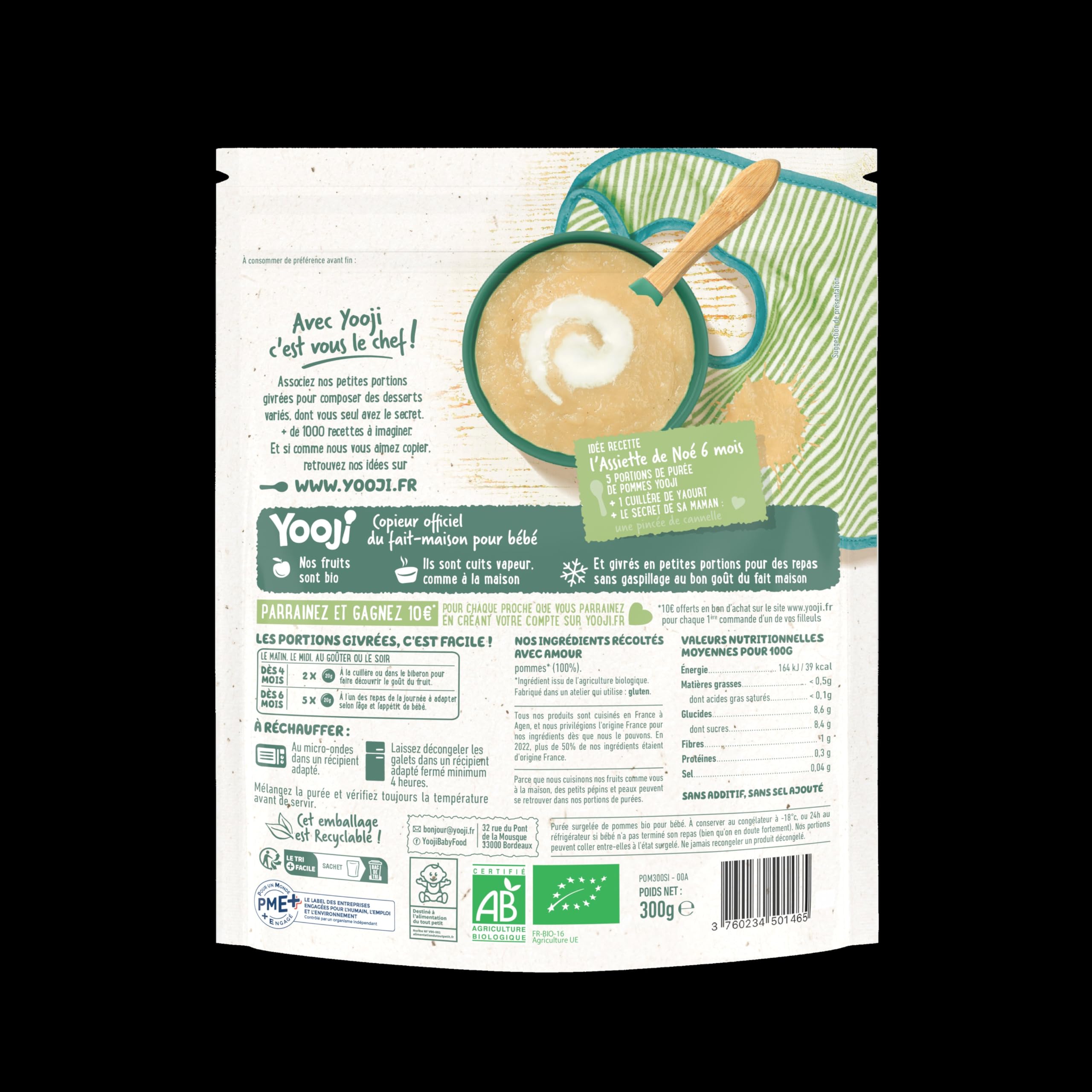 Yooji Purée lisse pomme dessert bébé bio 4 mois 4x300g