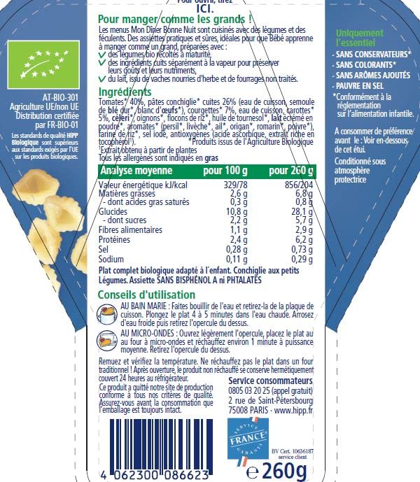 HiPP Menus du midi Conchiglie Légumes 18 mois 6x260g