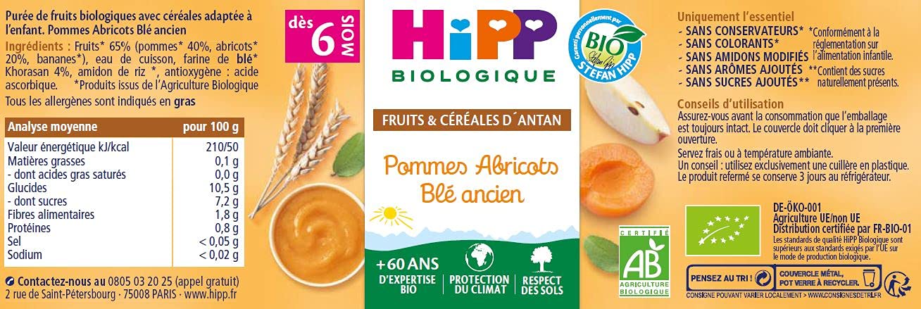 HiPP Biologique Pommes Abricots Blé Ancien compote bébé 6 mois lot 24
