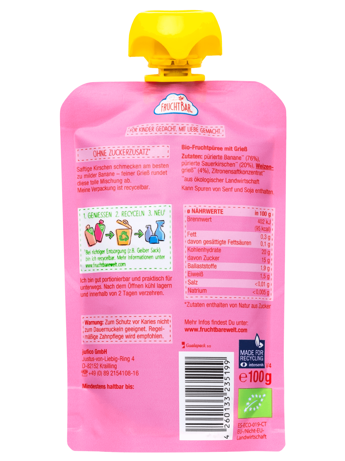 FruchtBar Bio Quetschies gourde cerise banane semoule