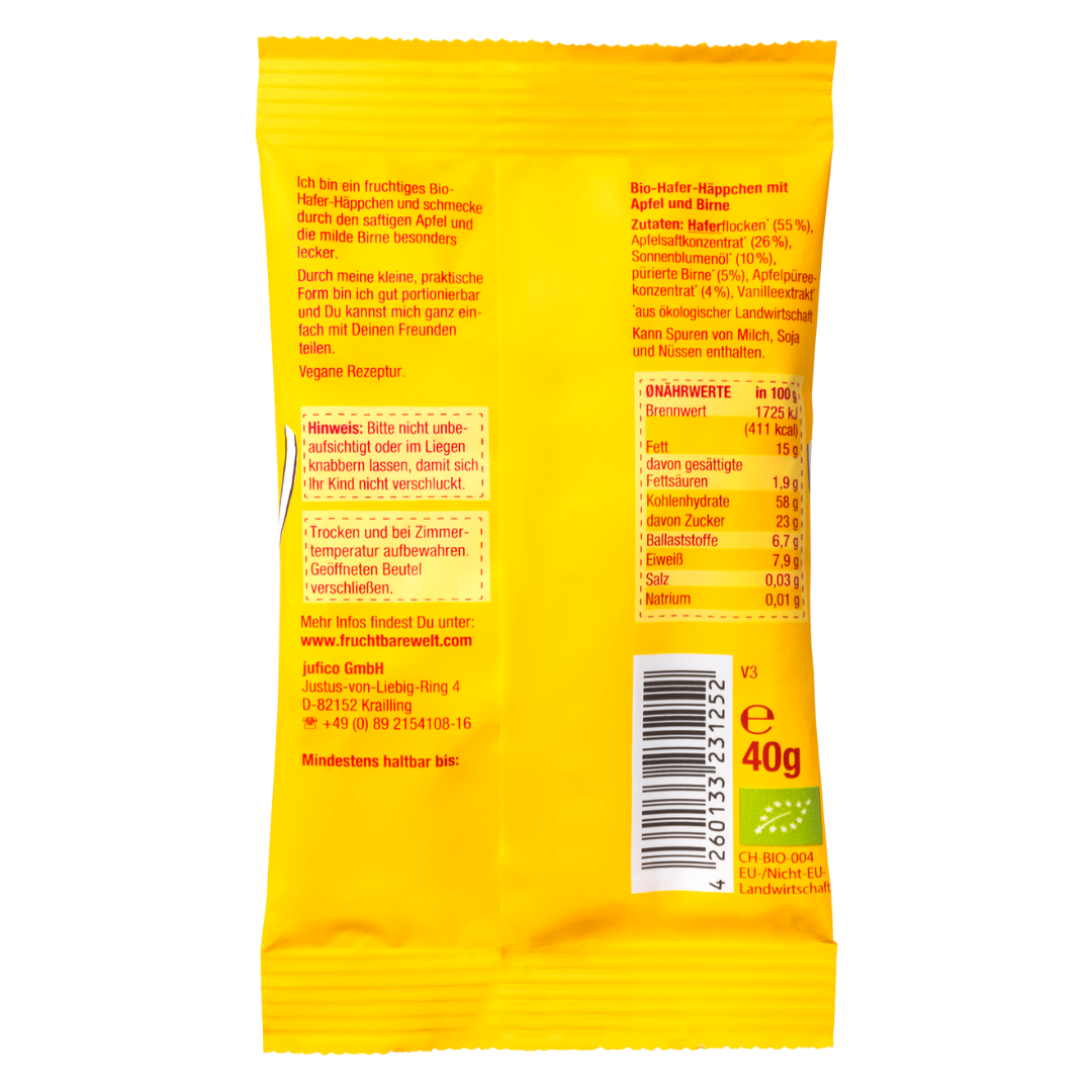 FruchtBar Bio Riegel barre avoine pomme poire dès 3 ans