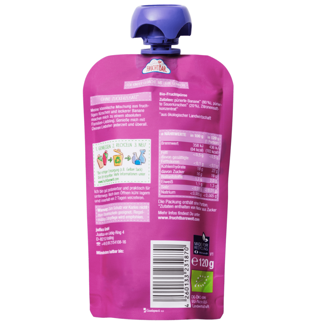 FruchtBar Bio Quetschies compote cerise banane coffret bois 6 mois