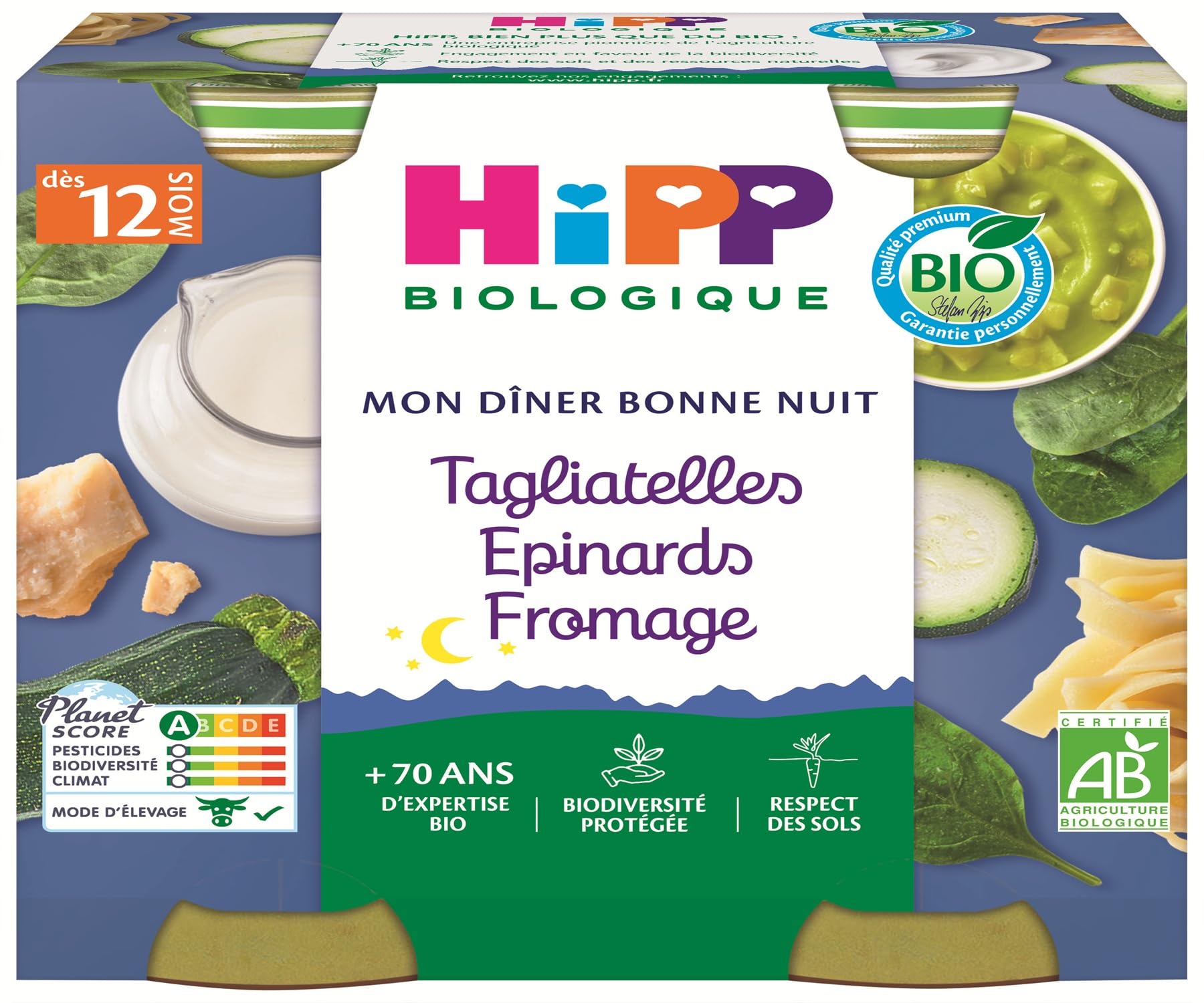 HiPP Mon Dîner Bonne Nuit Tagliatelles Épinards 12x250g