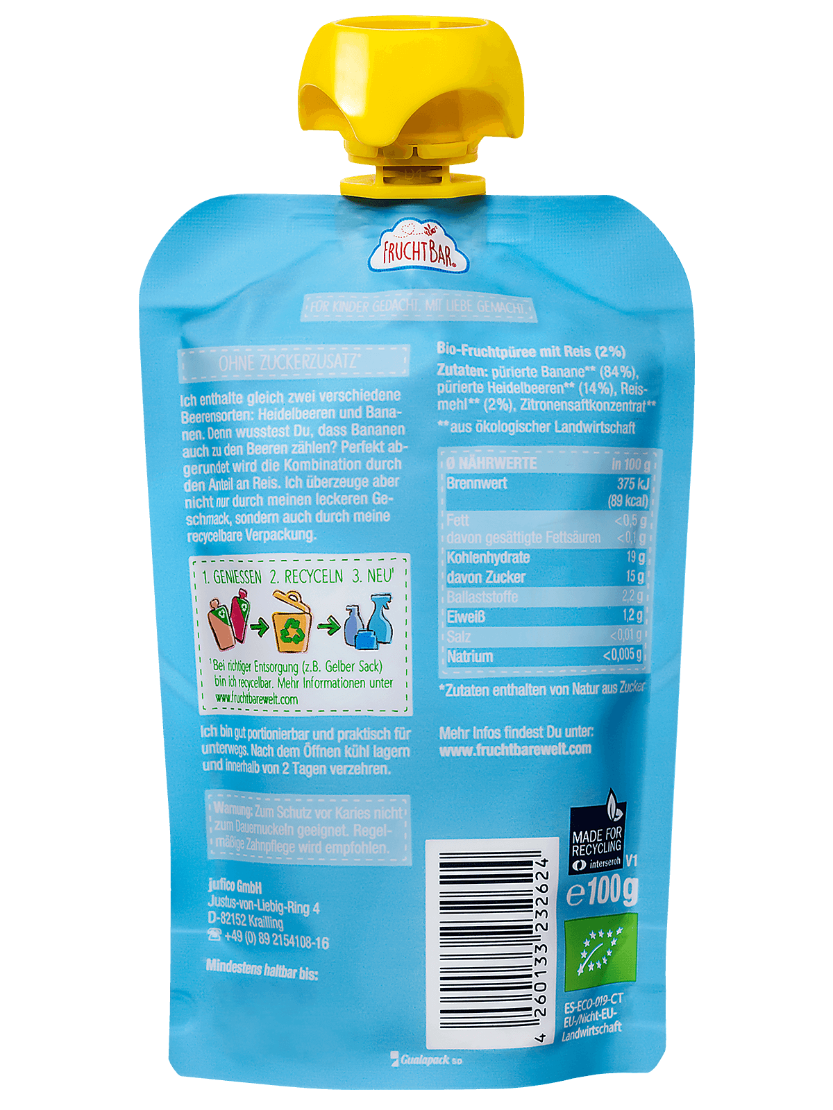 FruchtBar Quetschie Myrtille Banane Riz Gourde Bébé 6 Mois