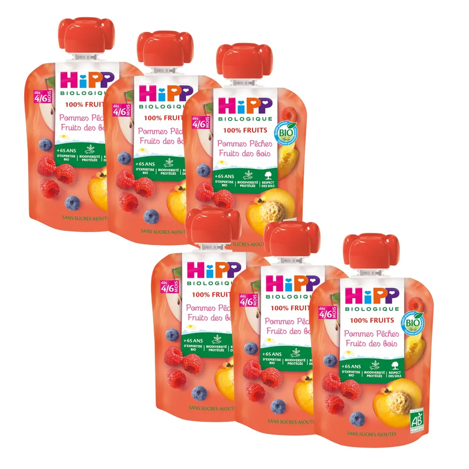 HiPP Fruits en gourdes pomme pêche fruits des bois 6x90g bio