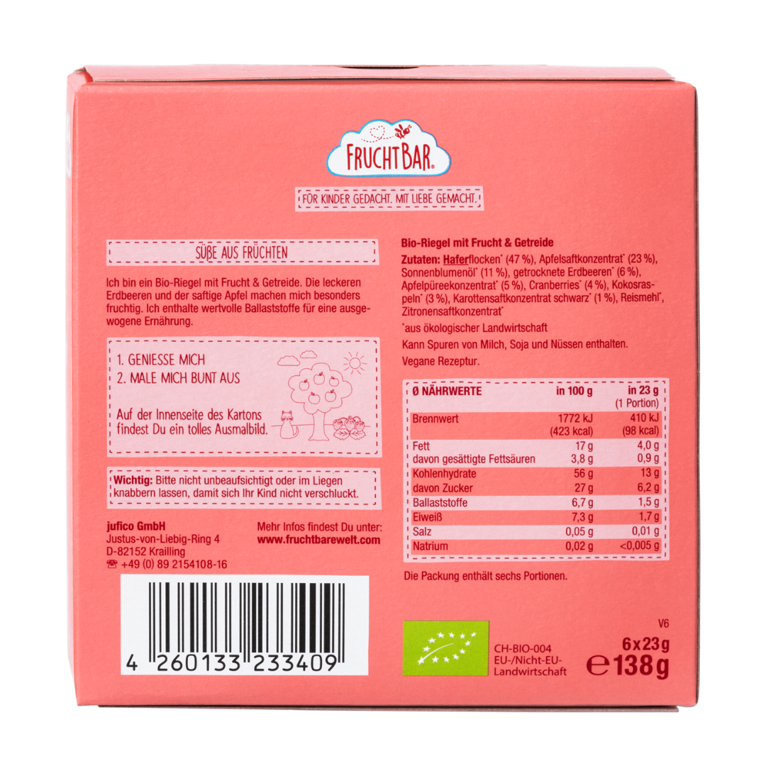 FruchtBar Bio Riegel barre enfant fraise pomme 3 ans pièce