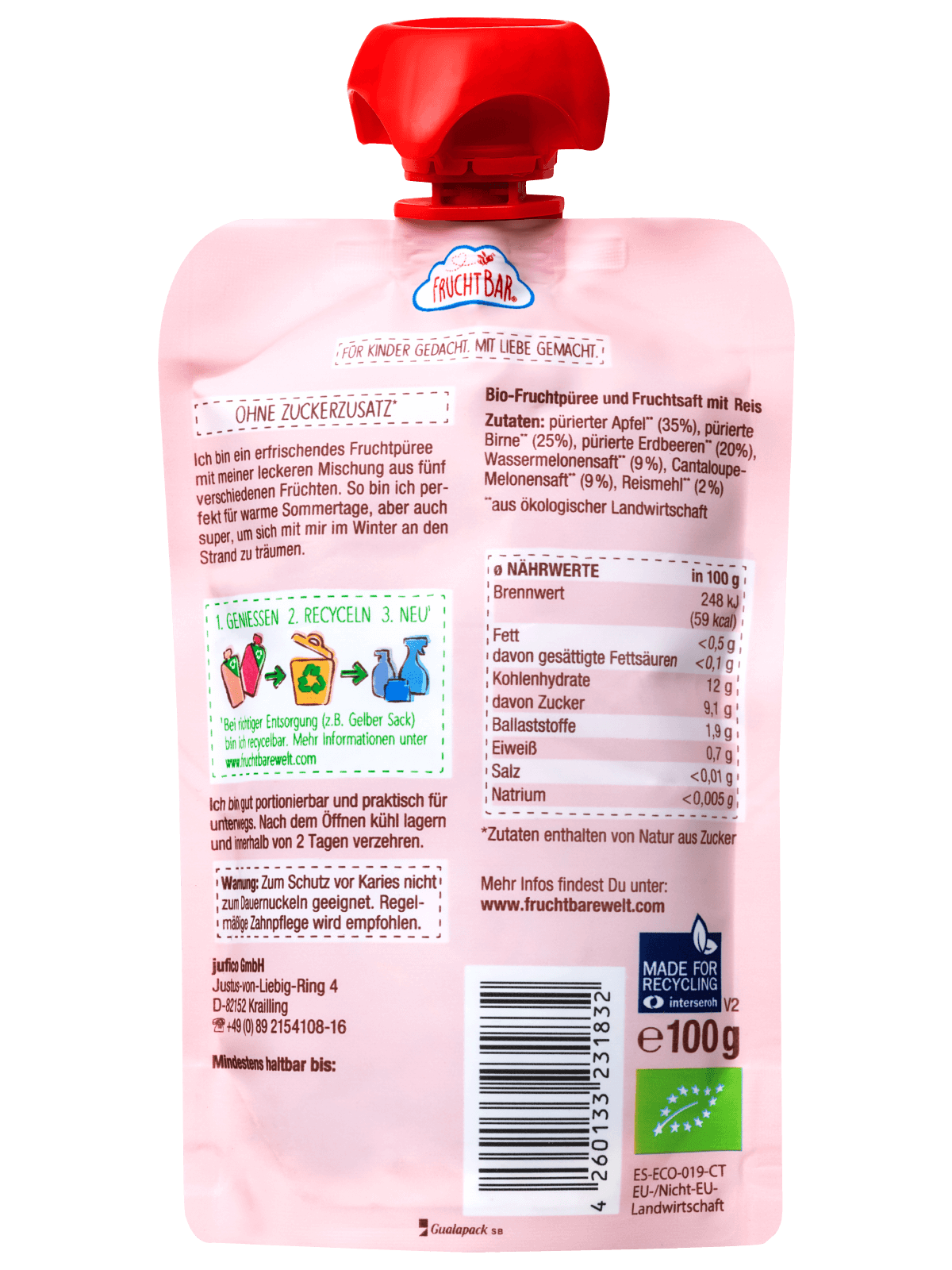 FruchtBar Bio Quetschies gourde bébé pastèque fraise pomme riz