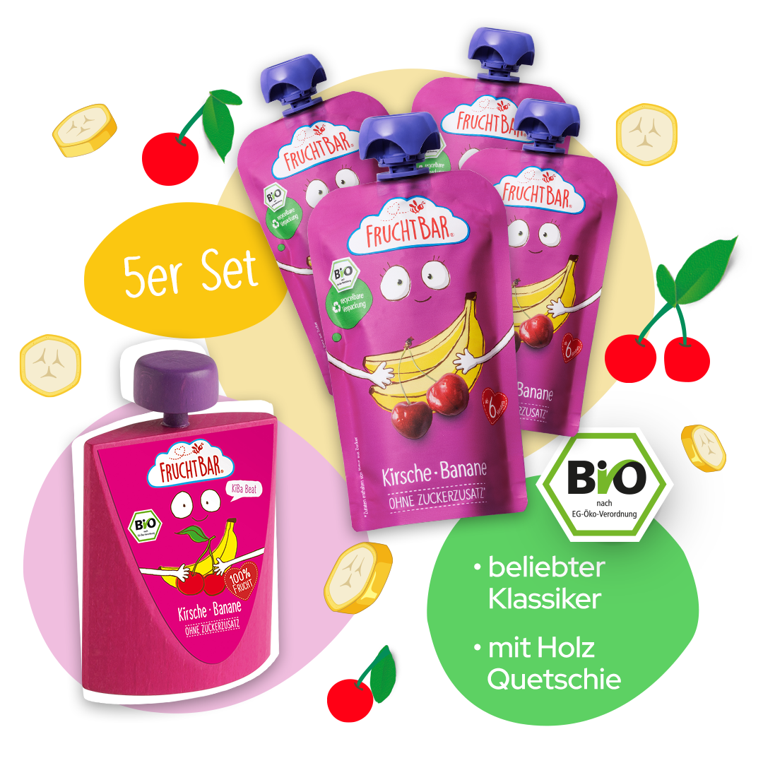 FruchtBar Bio Quetschies compote cerise banane coffret bois 6 mois