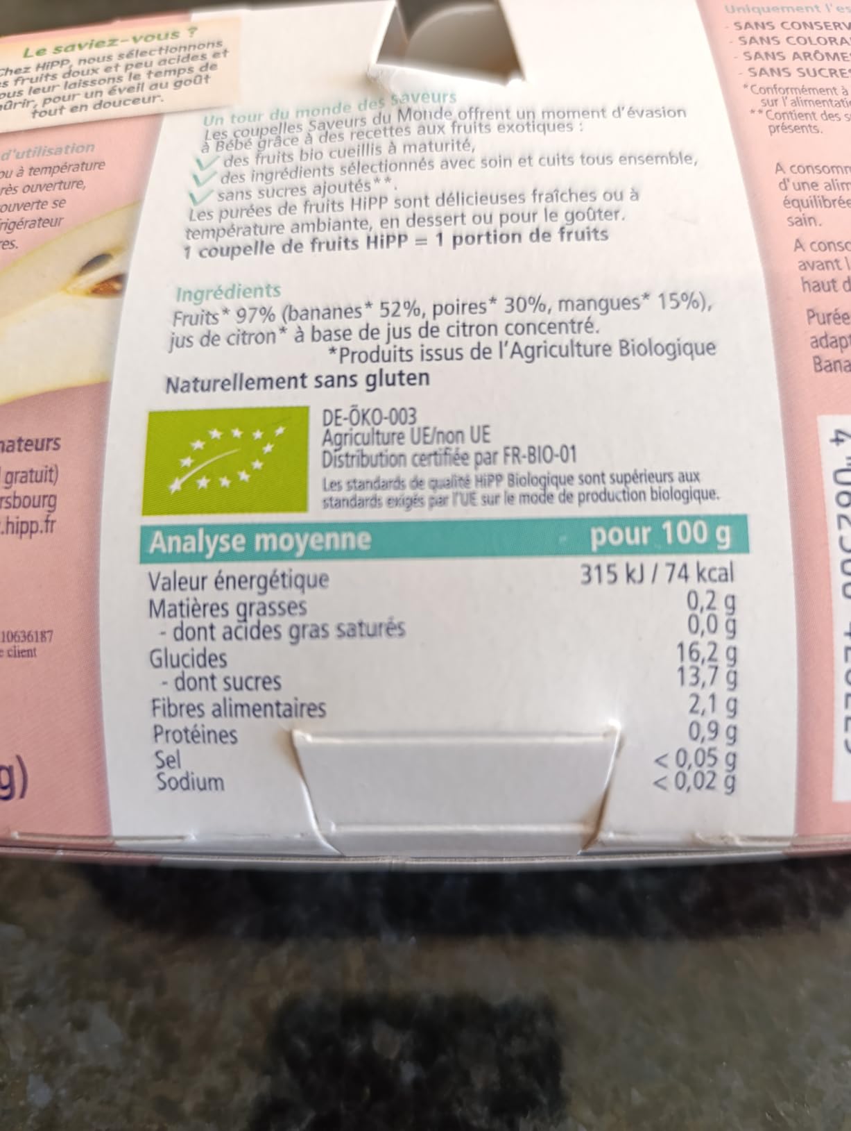HiPP Fruits en coupelles Bananes Poires Mangues 4x100g bio
