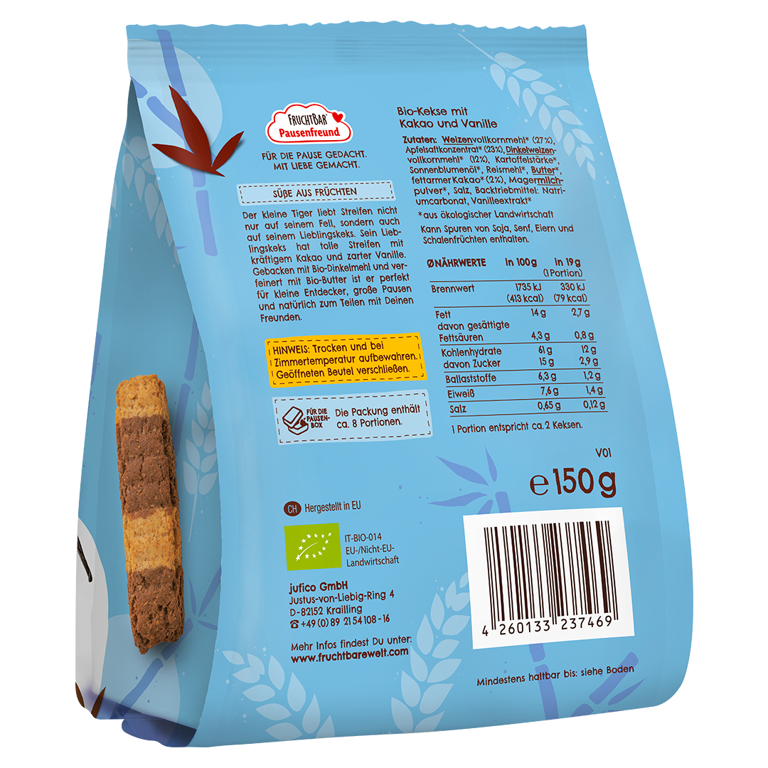 FruchtBar Bio Kekse Streifen Kekse biscuit cacao vanille pièce