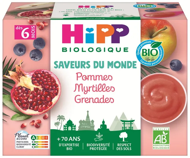 HiPP Saveurs Monde coupelles pomme myrtille grenade 4x100g