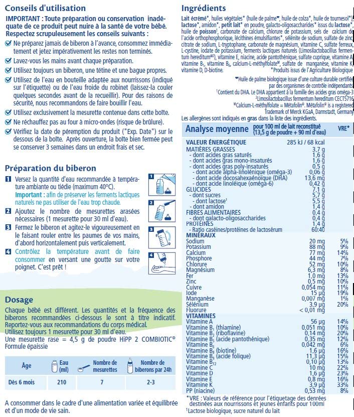 HiPP Laits de Suite Combiotic Lait 2 Épaissi 800g Lot de 3