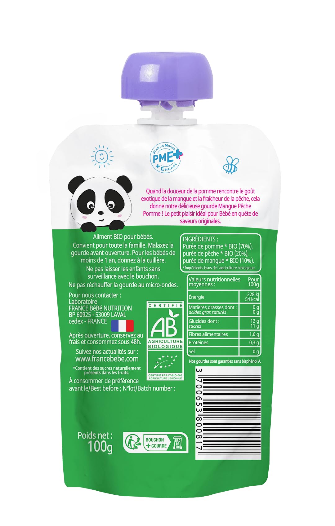 France Bébé Gourdes Compote Mangue Pêche Pomme 10x100g