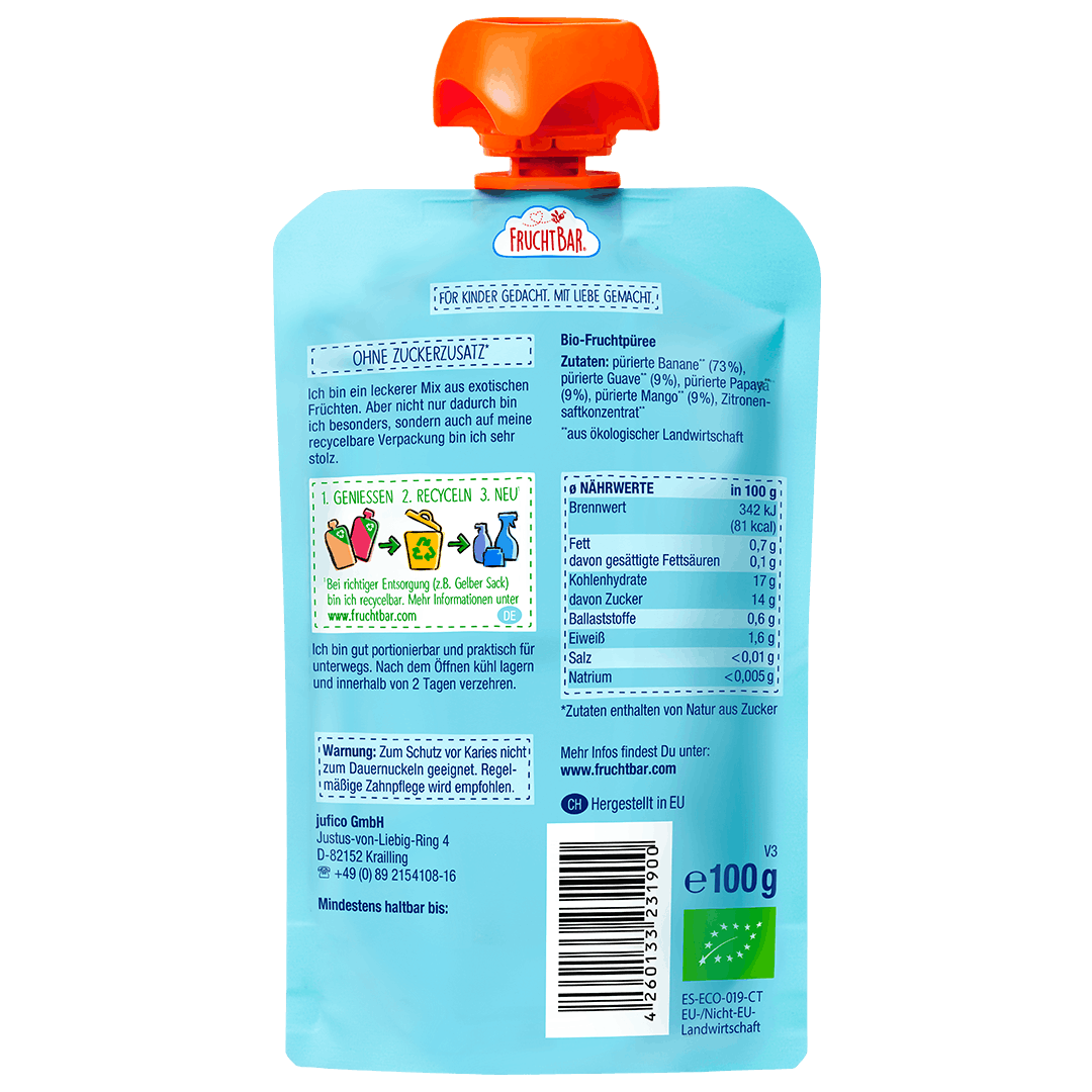 FruchtBar Bio Quetschies gourde bébé goyave mangue 6 mois