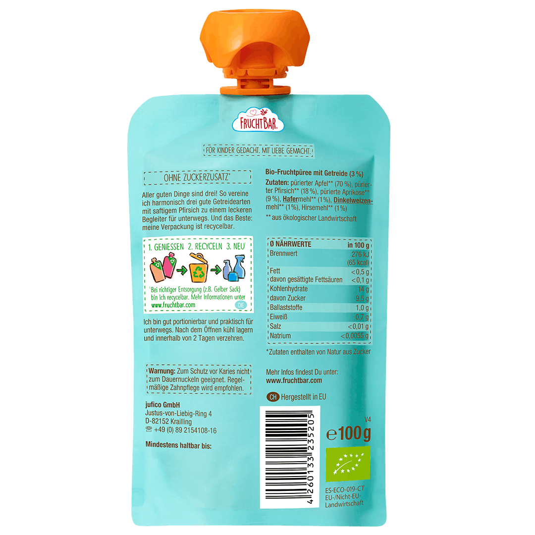 FruchtBar Bio Quetschies Pfirsich 3-Korn gourde pêche-céréales dès 6 mois