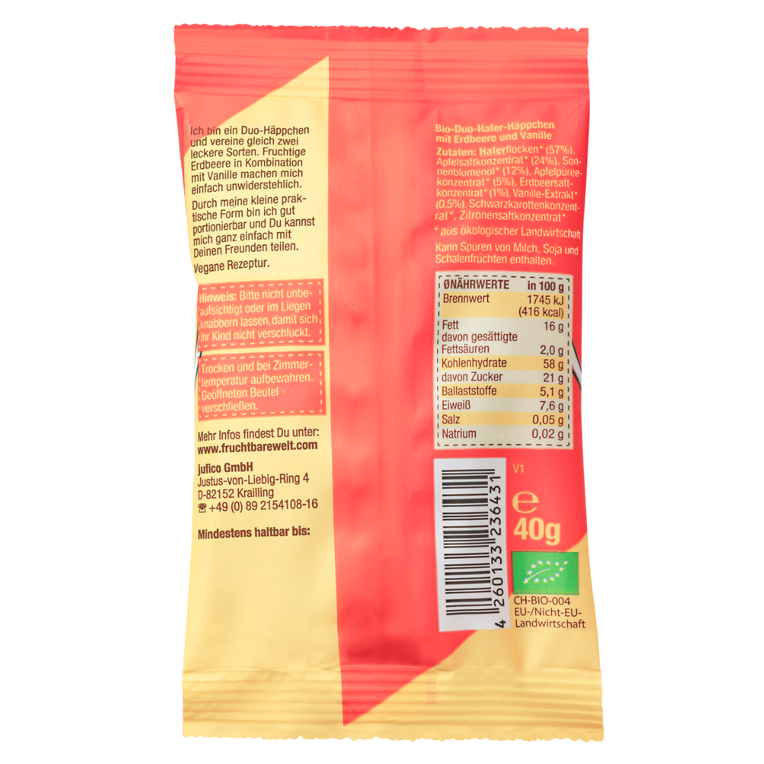 FruchtBar Bio Riegel Duo Häppchen barre avoine pomme fraise