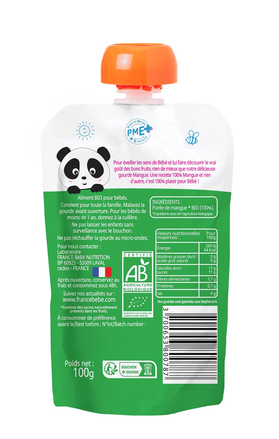 France Bébé Gourdes compote mangue bio 4 mois 10x100g