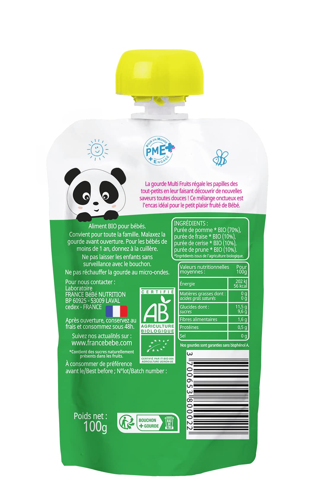 France Bébé Gourdes compote multi-fruits bio 12x100g dès 4 mois