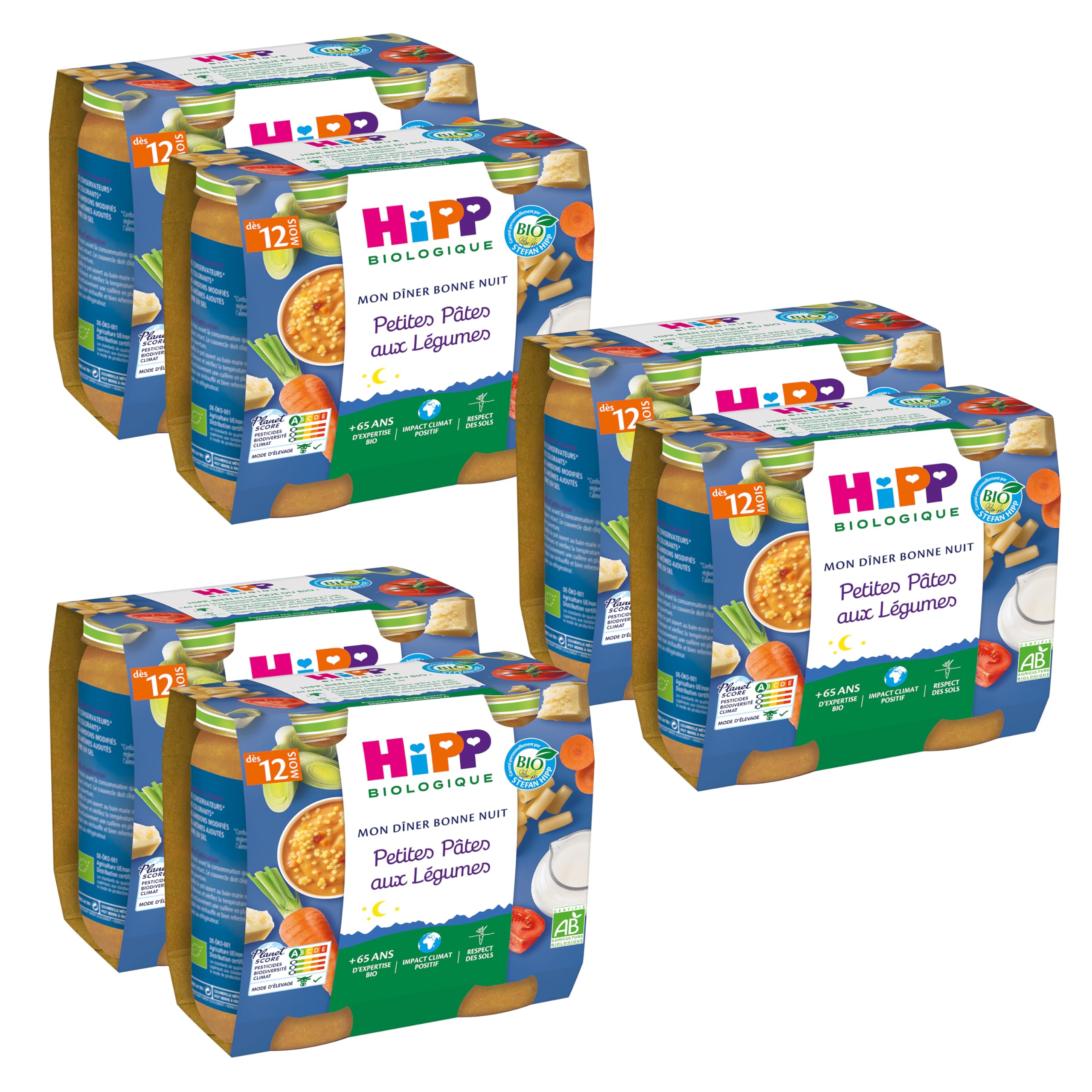 HiPP Bonne Nuit Petites Pâtes Légumes plat bébé bio 6 pots 12 mois