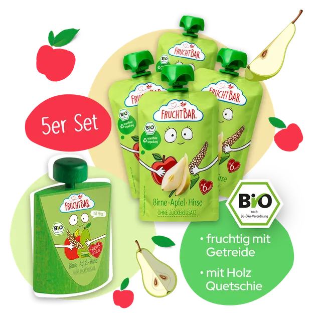 FruchtBar Bio Quetschies poire pomme millet + jouet bois