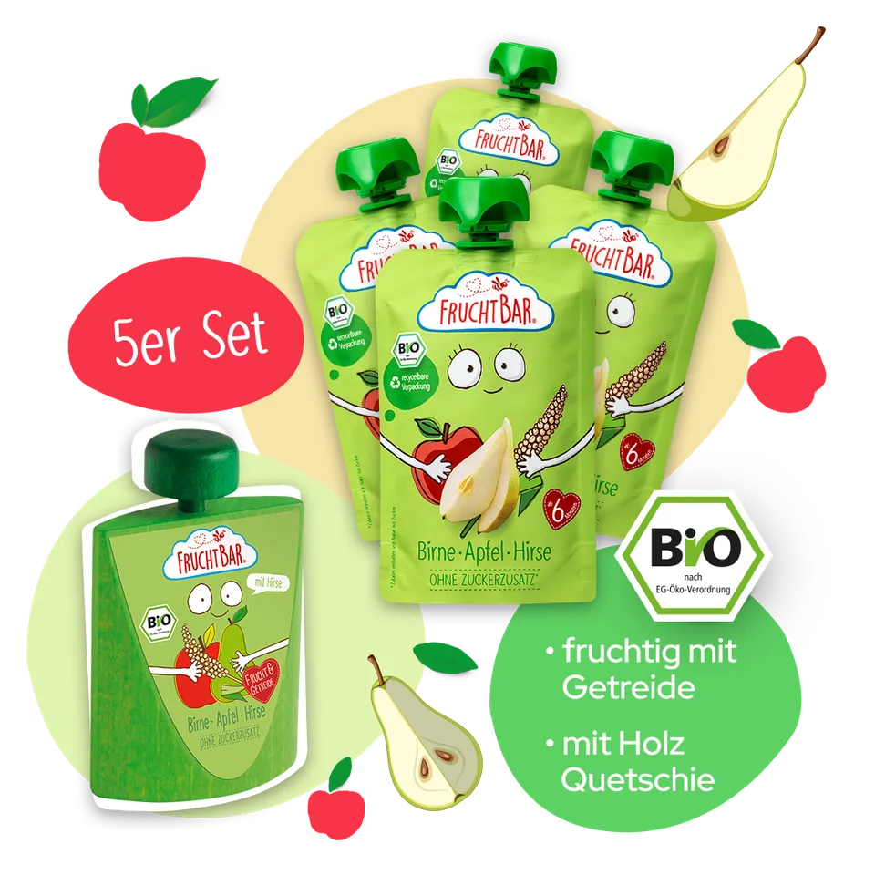 FruchtBar Bio Quetschies poire pomme millet + jouet bois
