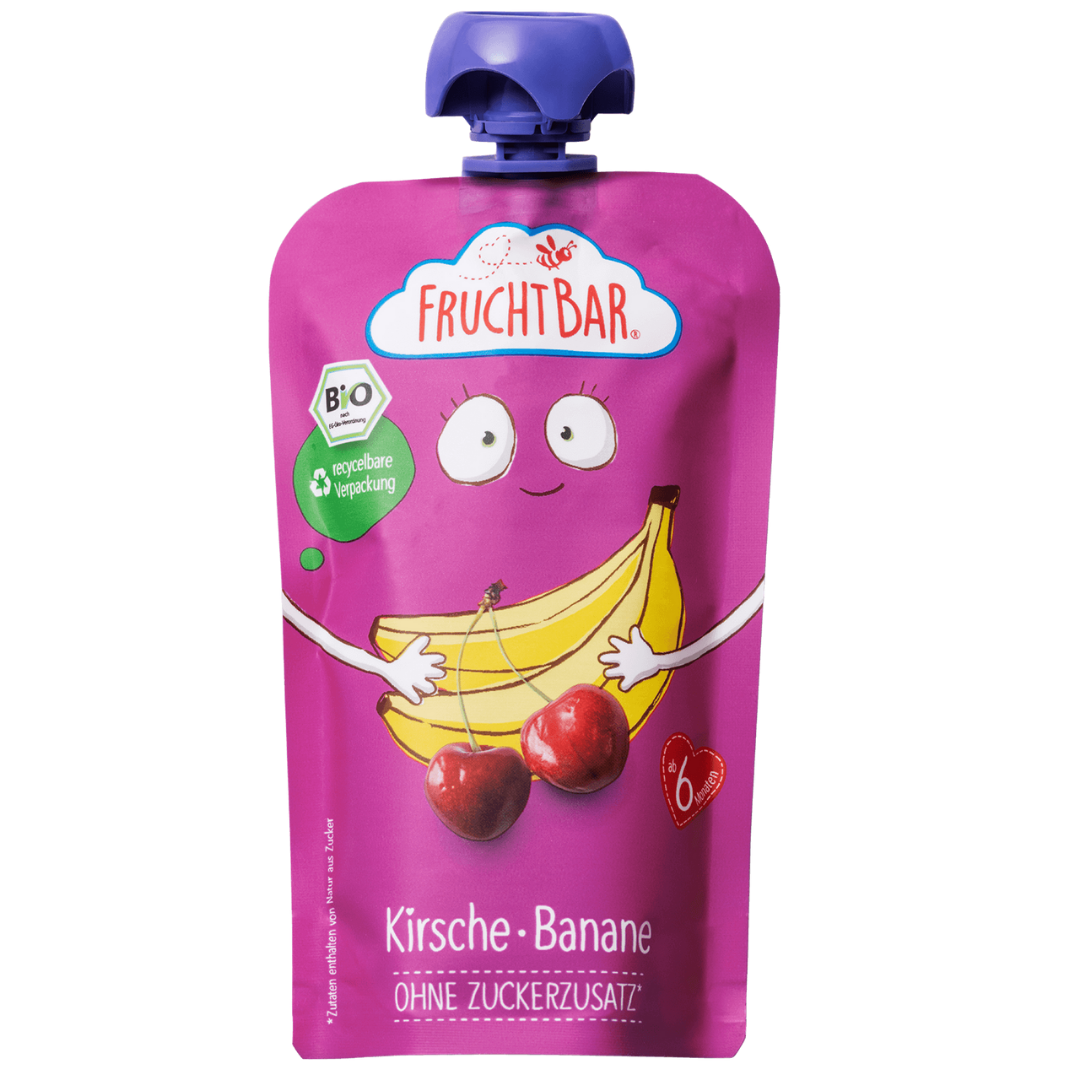 FruchtBar Bio Quetschies compote cerise banane coffret bois 6 mois