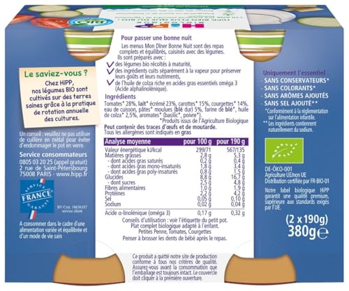 HiPP Menus Soir Penne Tomates Courgettes Bio 190 g Lot 12