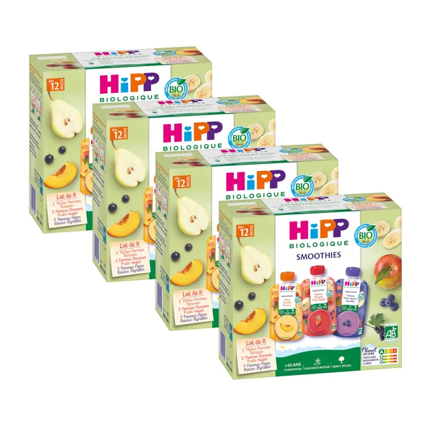 HiPP Smoothies gourde fruits 12 mois 32x120ml 3 parfums bio