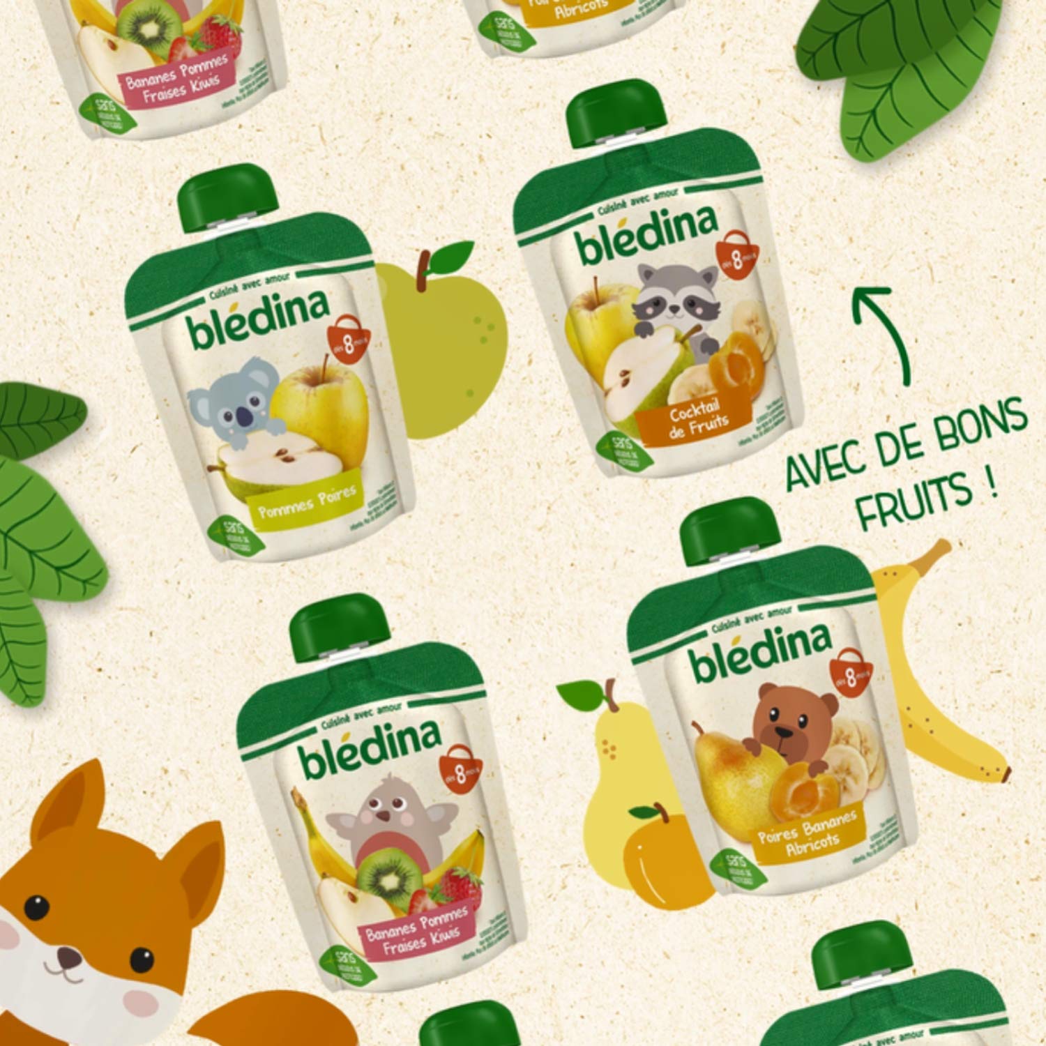 Blédina Gourdes Purées Fruits Cocktail 8 Mois 90g x32 sans Sucres