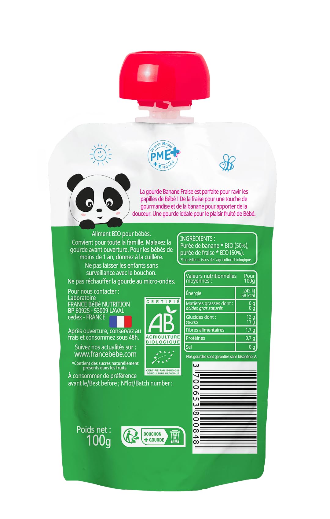 France Bébé Gourdes compote banane fraise bio 12x100g 4 mois