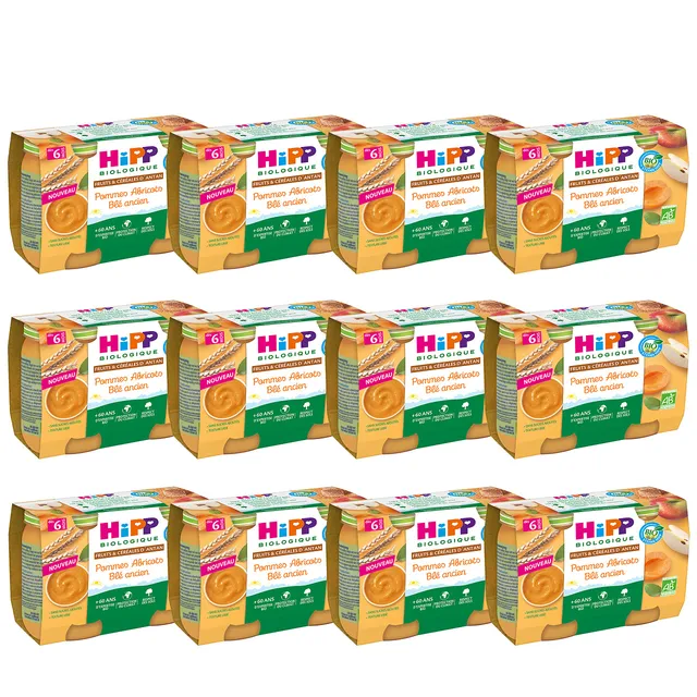 HiPP Biologique Pommes Abricots Blé Ancien compote bébé 6 mois lot 24