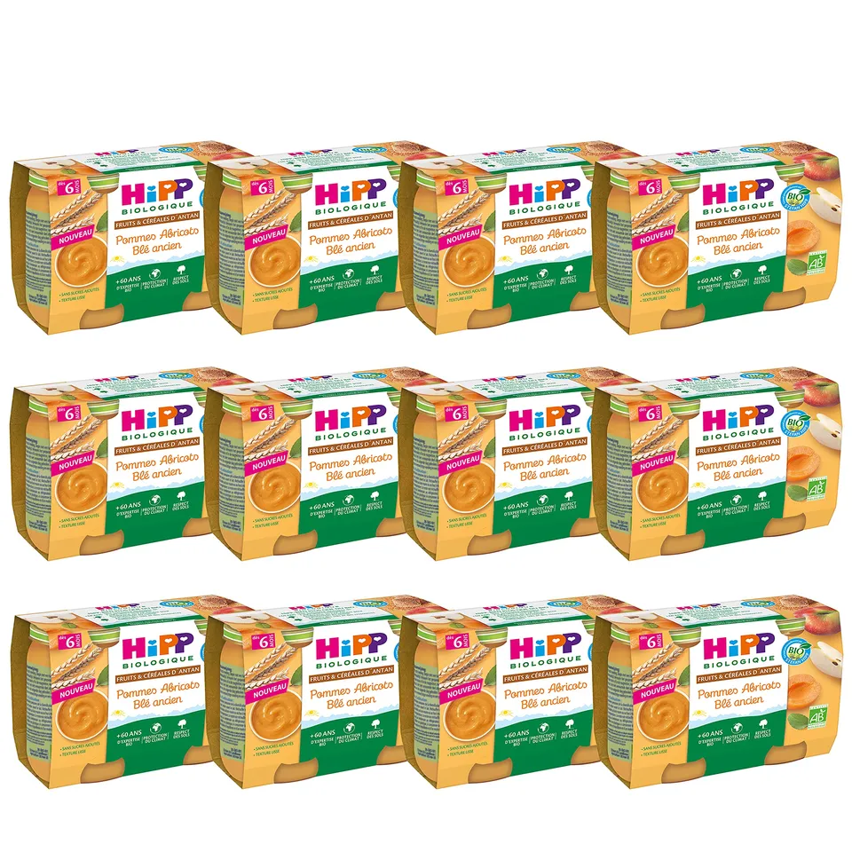 HiPP Biologique Pommes Abricots Blé Ancien compote bébé 6 mois lot 24