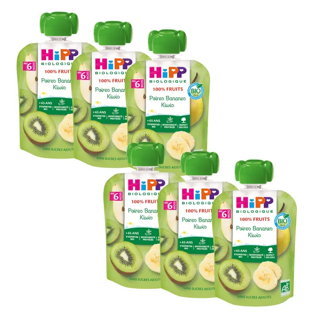 HIPP Fruits en gourdes compotes poires bananes kiwis 6x90g