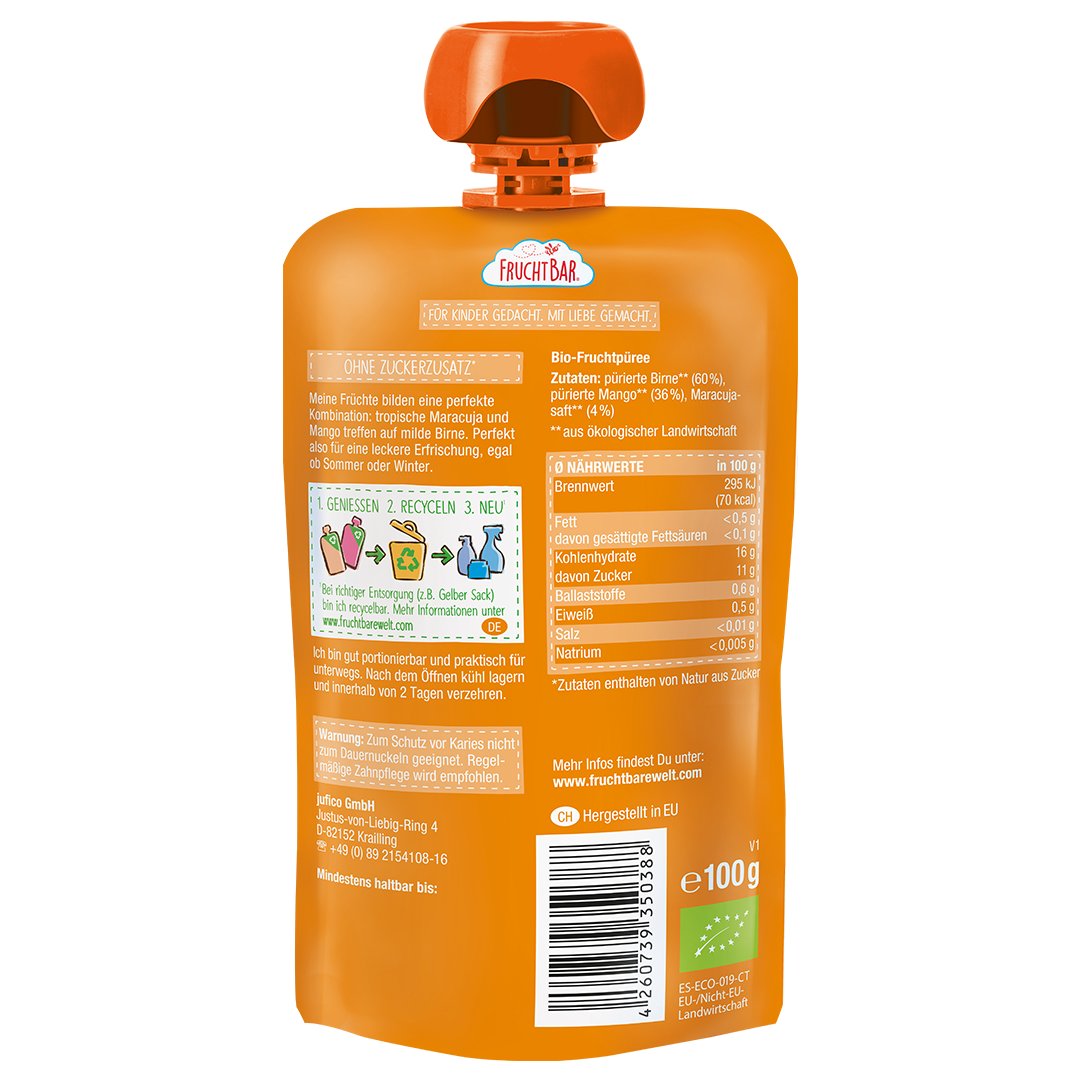 FruchtBar Bio Quetschies Mangue Poire Maracuja gourde 6 mois