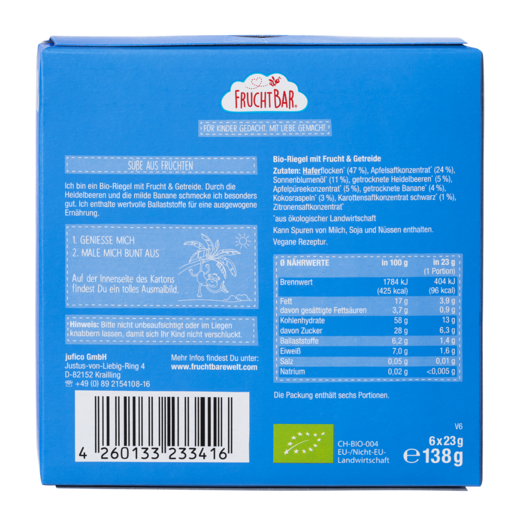 FruchtBar Bio Riegel myrtille banane avoine barre bio pièce