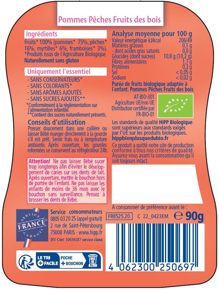 HiPP Fruits en gourdes pomme pêche fruits des bois 6x90g bio