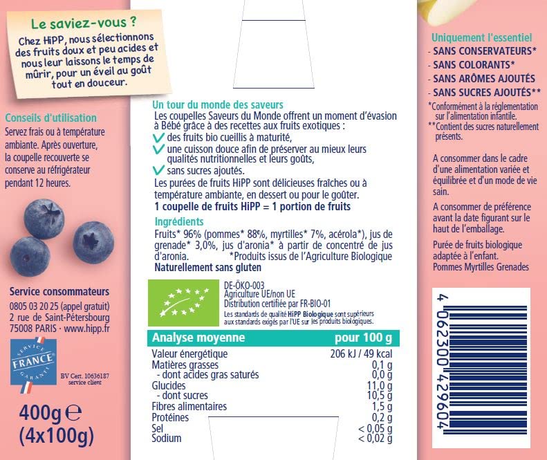 HiPP Saveurs Monde coupelles pomme myrtille grenade 4x100g